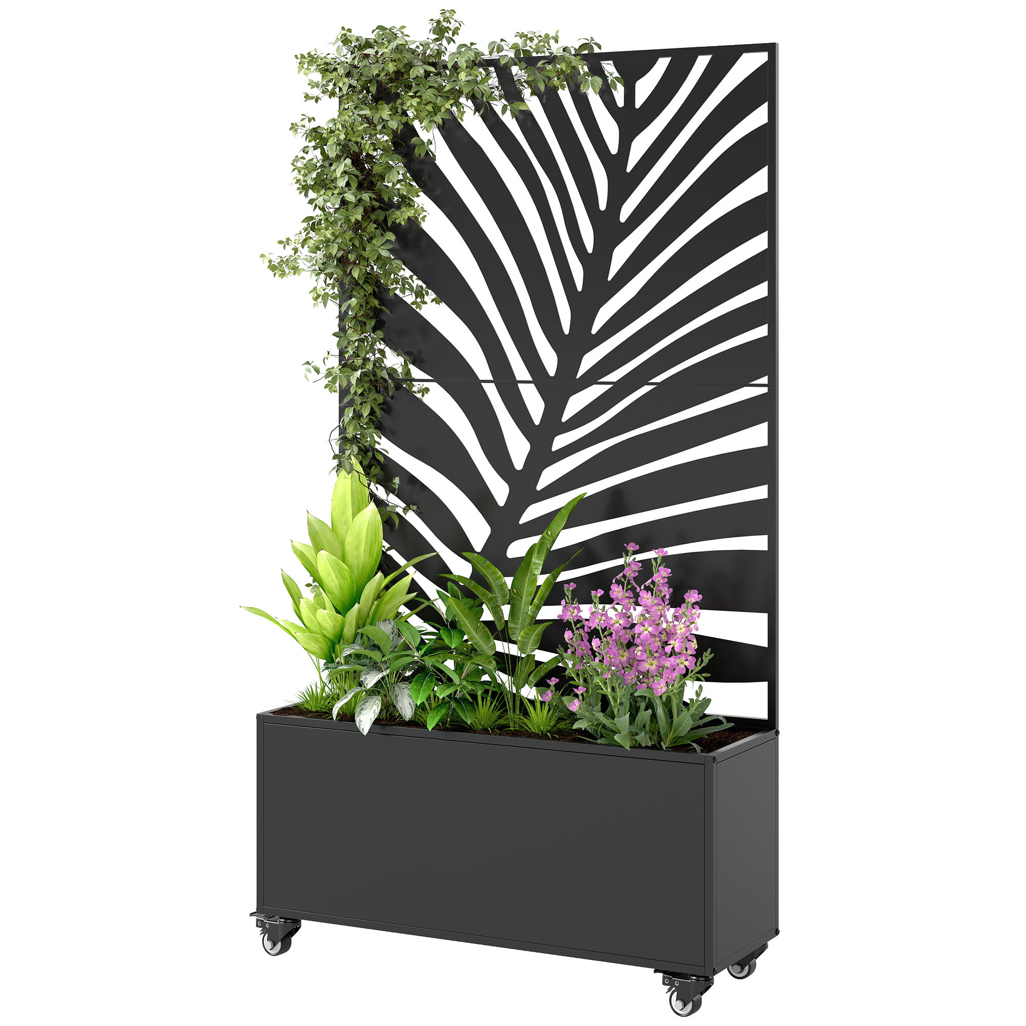 Jardinière mobile treillis haut design graphique feuille exotique 90 x 30 x 160 cm métal époxy noir