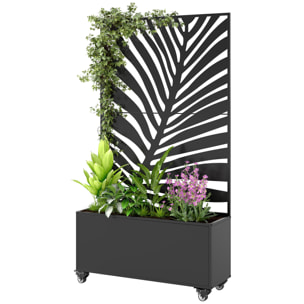 Jardinière mobile treillis haut design graphique feuille exotique 90 x 30 x 160 cm métal époxy noir