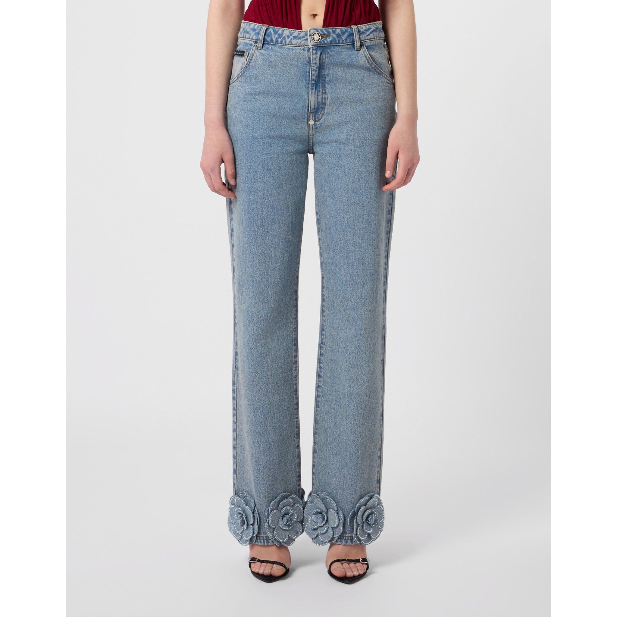 PHILIPP PLEIN Straight Cut Jeans Roses Strass