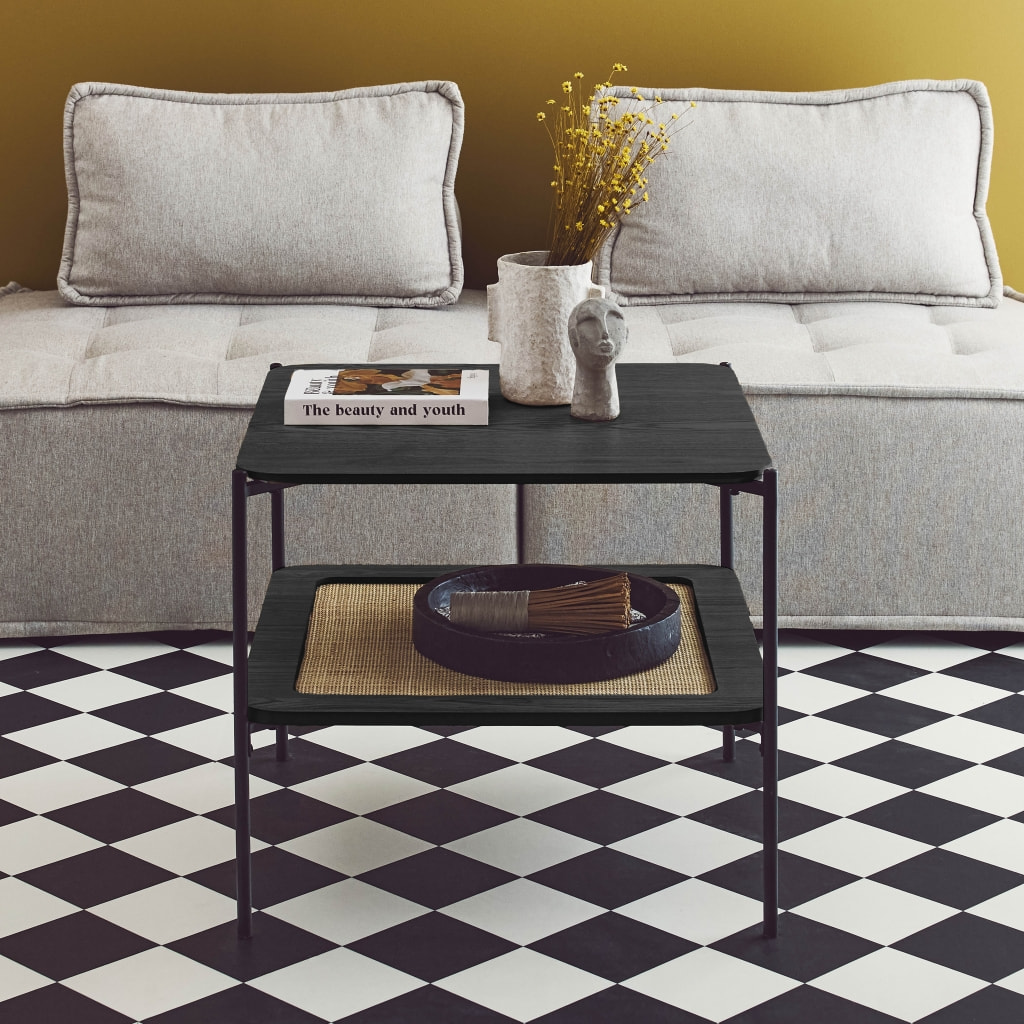 Table basse carrée décor bois et cannage double plateau MANADO