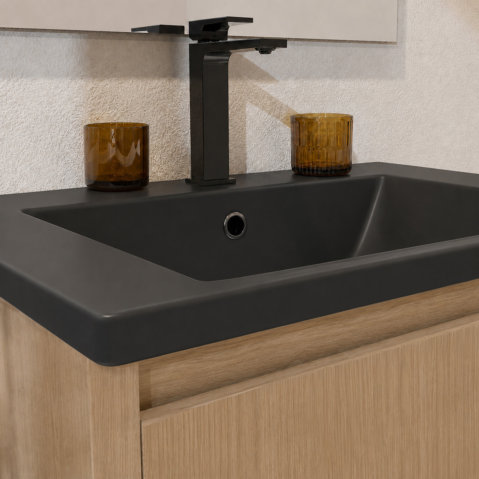 Pack Meuble Salle de Bains 70cm Chêne Clair 2 Portes avec Vasque Céramique Noire - XENOS