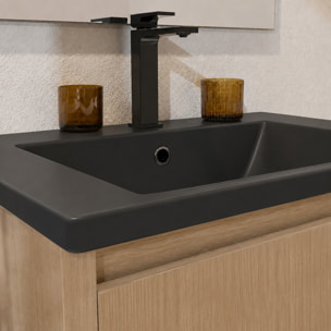 Pack Meuble Salle de Bains 70cm Chêne Clair 2 Portes avec Vasque Céramique Noire - XENOS