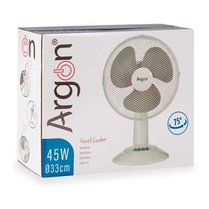 Ventilatore da tavolo con oscillazione di 75°. Potenza di 45W e 3 velocità.