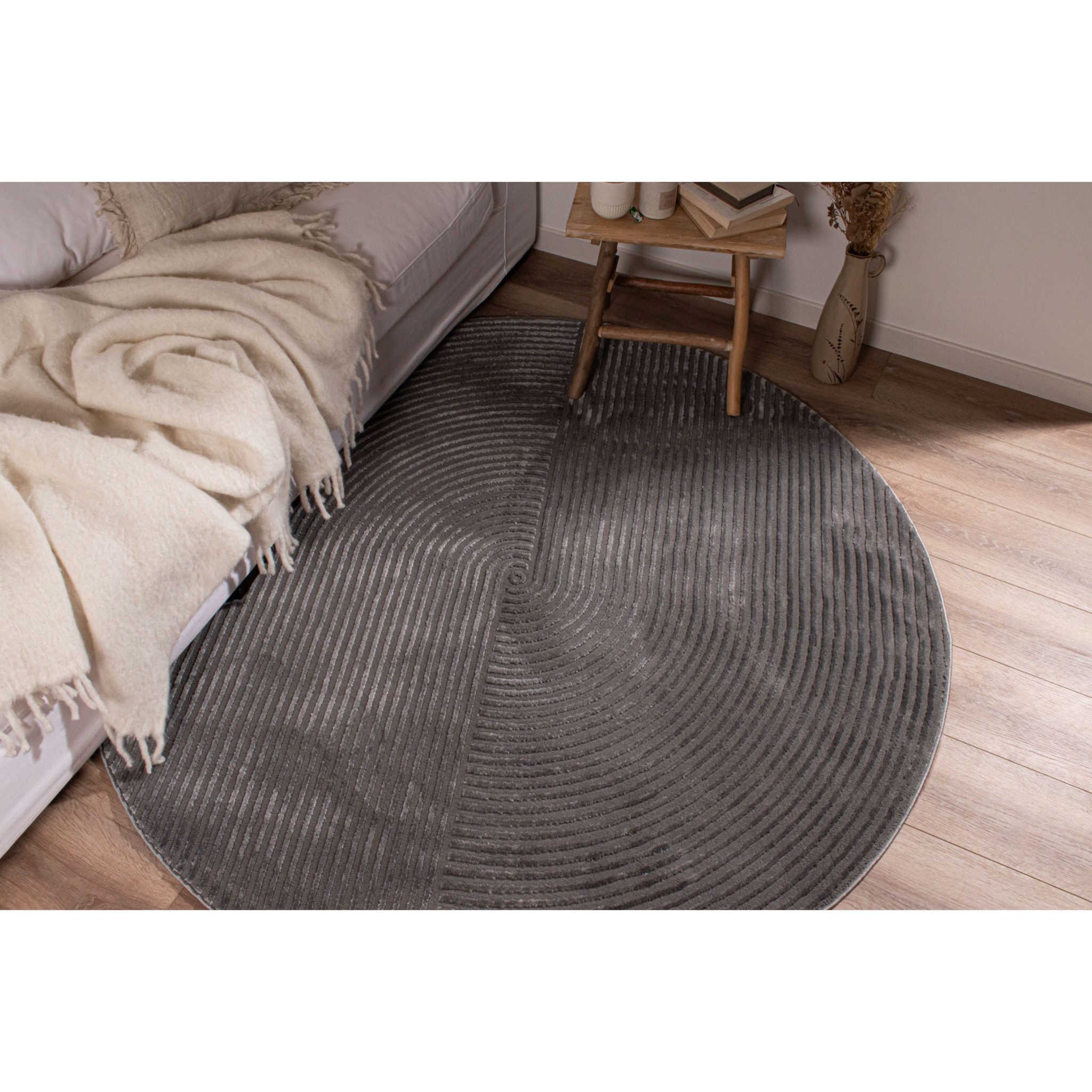 BIANCA - Tapis rond à motif géométrique en relief - Gris