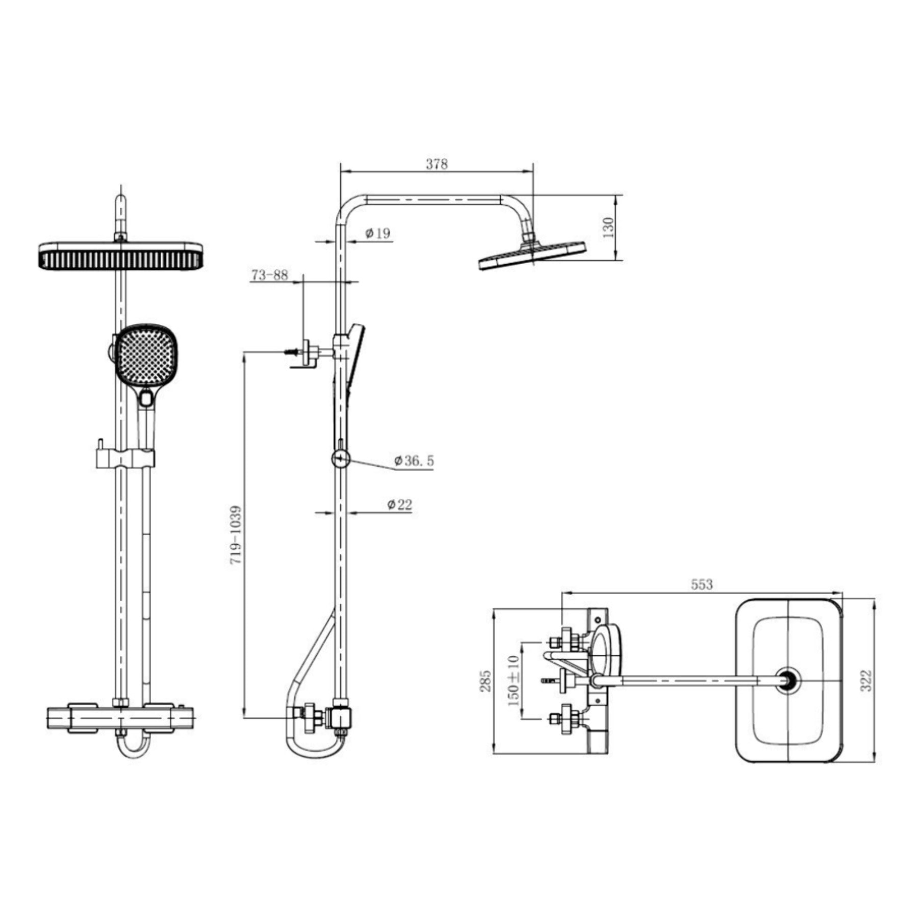 Ensemble de douche mural 3 jets avec mitigeur thermostatique, chrome (SATSSTZ)