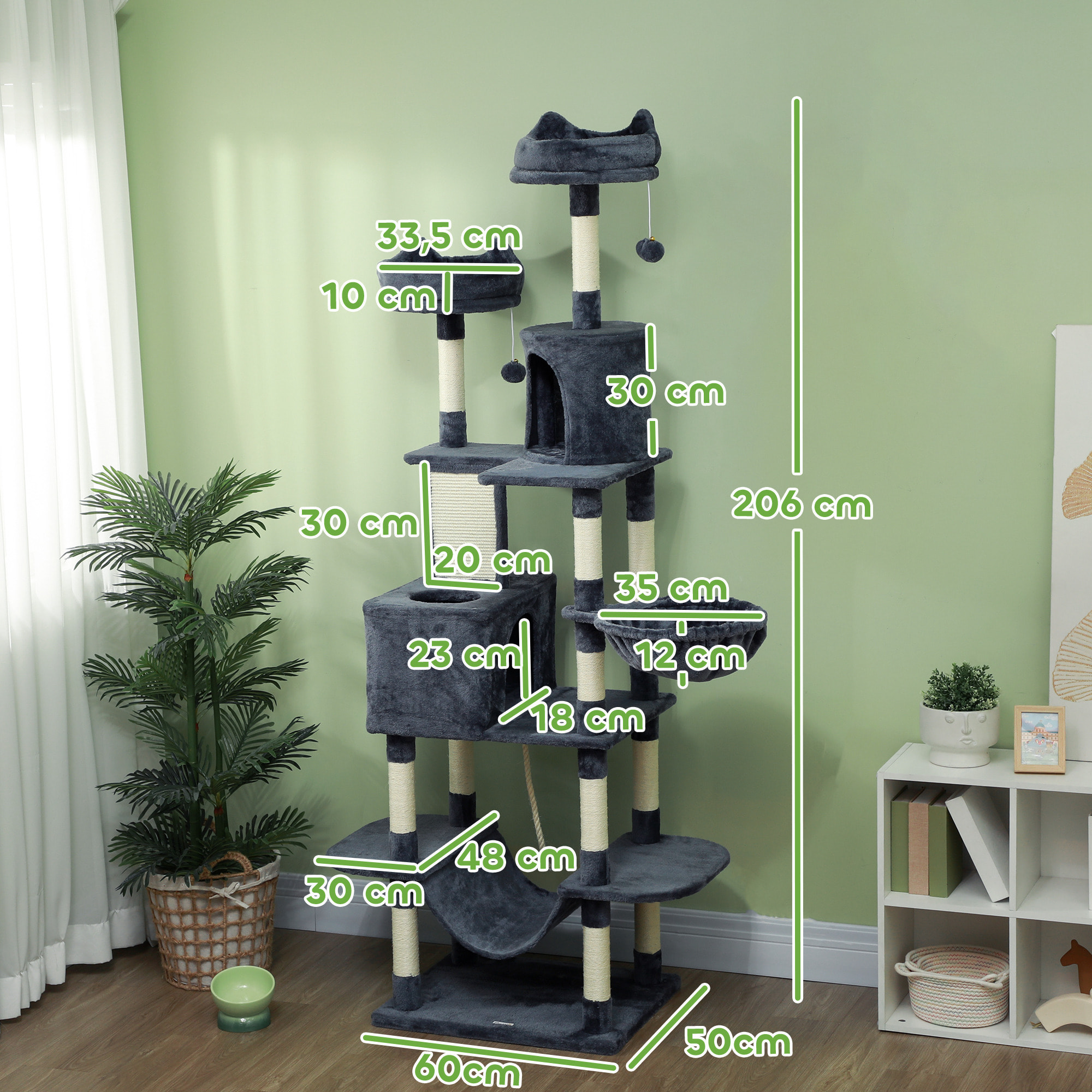 Rascador para Gatos Grande Altura 206 cm Árbol para Gatos Torre de Escalera con Plataformas Cuevas Bolas Colgantes y Hamacas Gris Oscuro