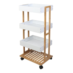 Well home carro de almacenamiento en bambú con 1 estante y 3 bandejas en color blanco 40x30x87,5cm