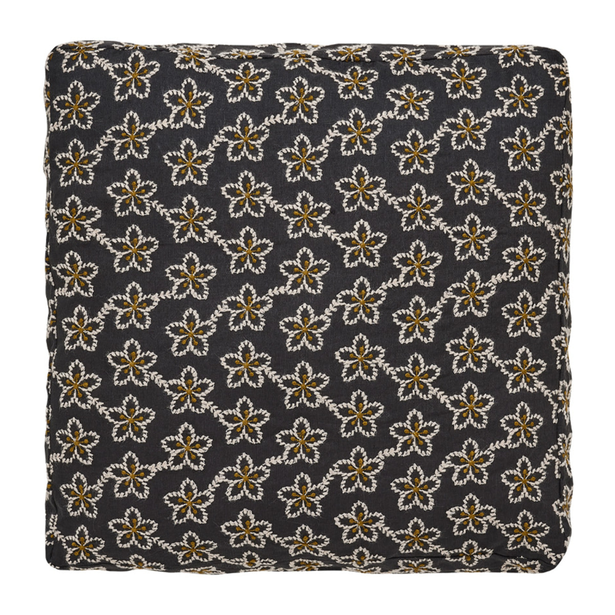 Housse de coussin brodée en lin, Made in France, FLEURS , noir