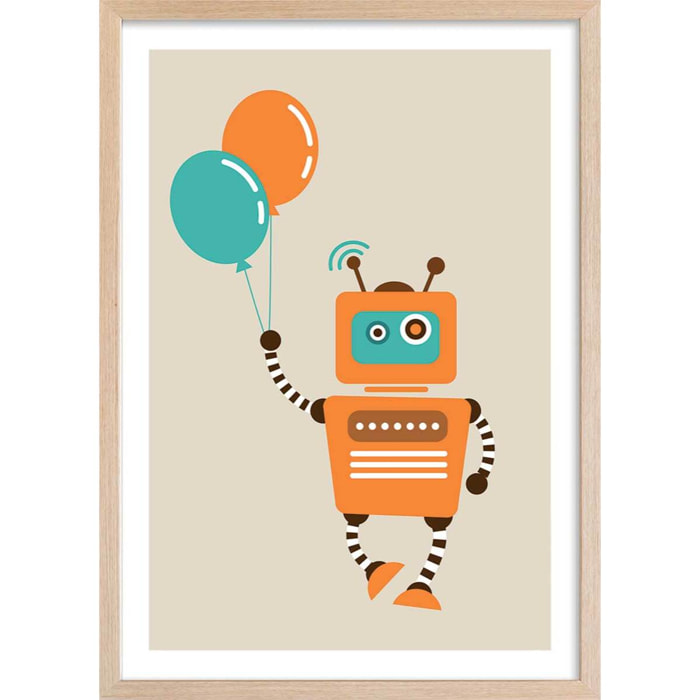 Affiche robot aux ballons Affiche + cadre en bois - Chêne