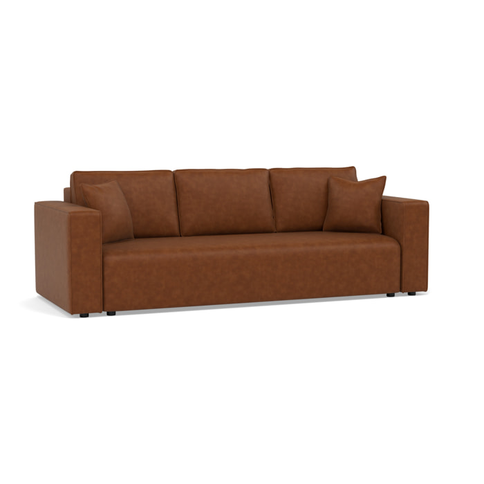 Topaze - canapé droit 3 places convertible avec coffre en simili - Cognac