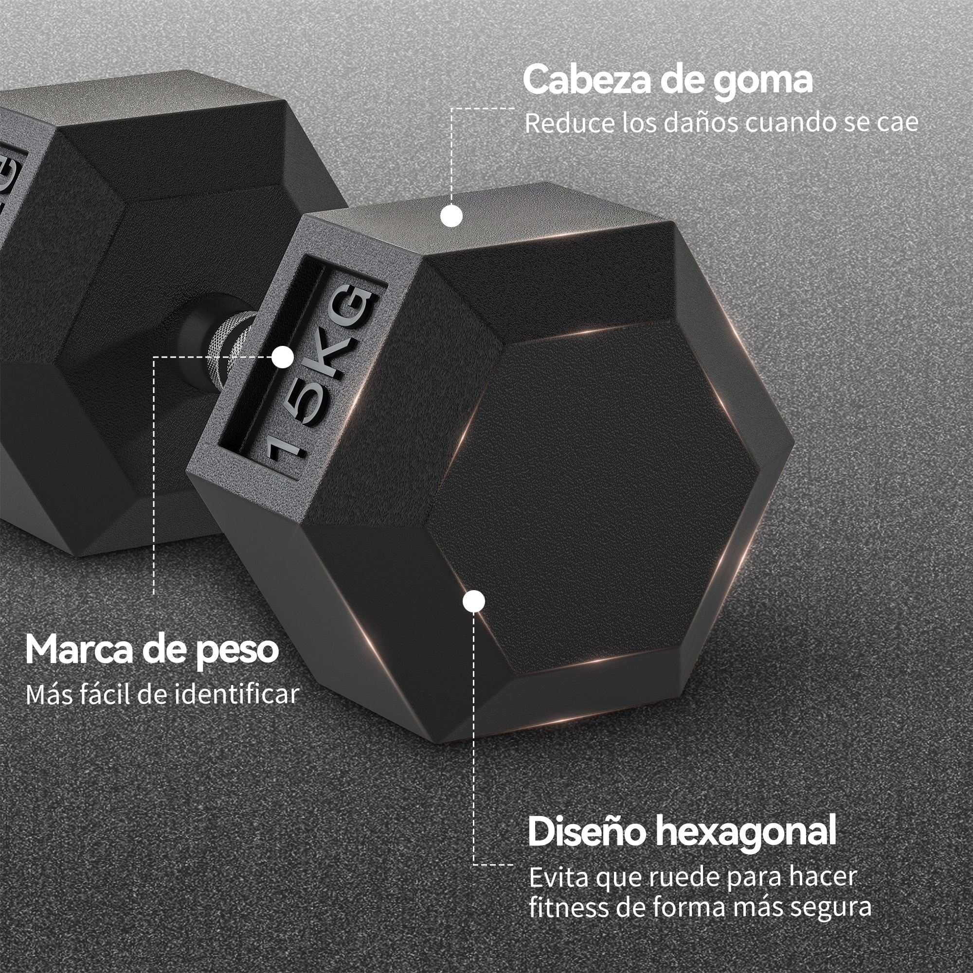 Juego de Mancuernas Hexagonales, 2 x 15 kg, de Hierro Fundido, Recubiertas de Goma, Juego de Pesas con Barras de Conexión para Entrenamiento en Casa, Gimnasio y Oficina, Negro y Plata