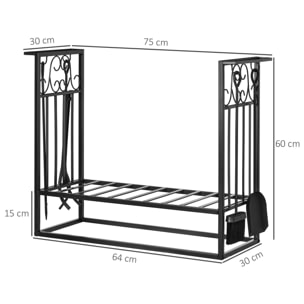 Estante para Leña Vintage con 4 Herramientas Carga Máx. 100 kg Acero 75x30x60cm