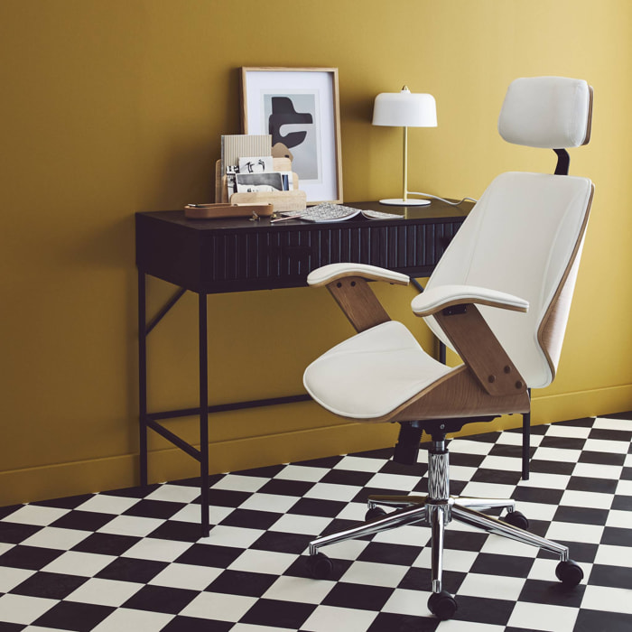 Chaise de bureau à roulettes décor bois courbé placage effet chêne et simili cuir blanc