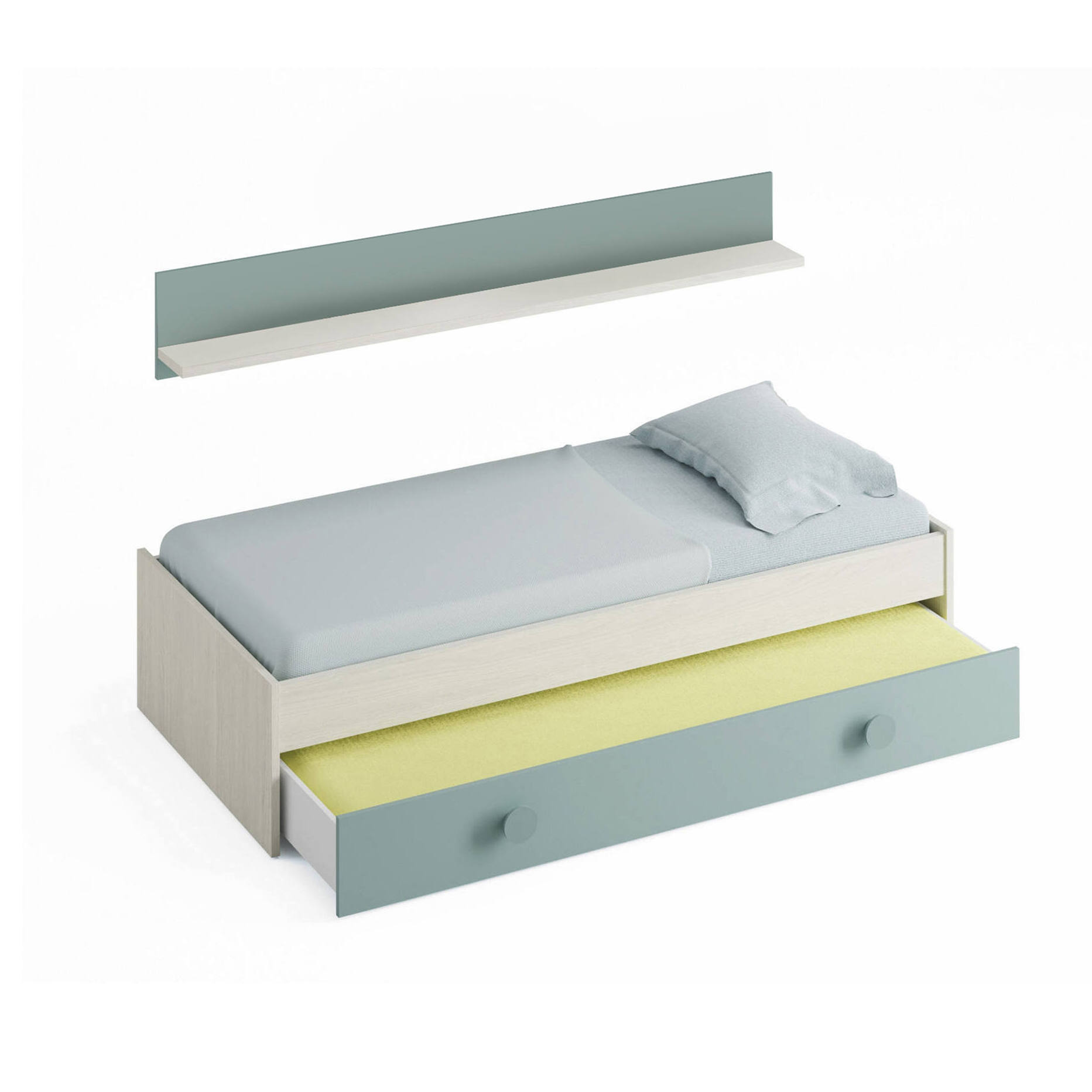 Letto singolo Lubbock, Struttura letto per cameretta, Letto con lettino estraibile o cassettone e mensola abbinata, cm 201x98h43, Bianco e Verde acqua