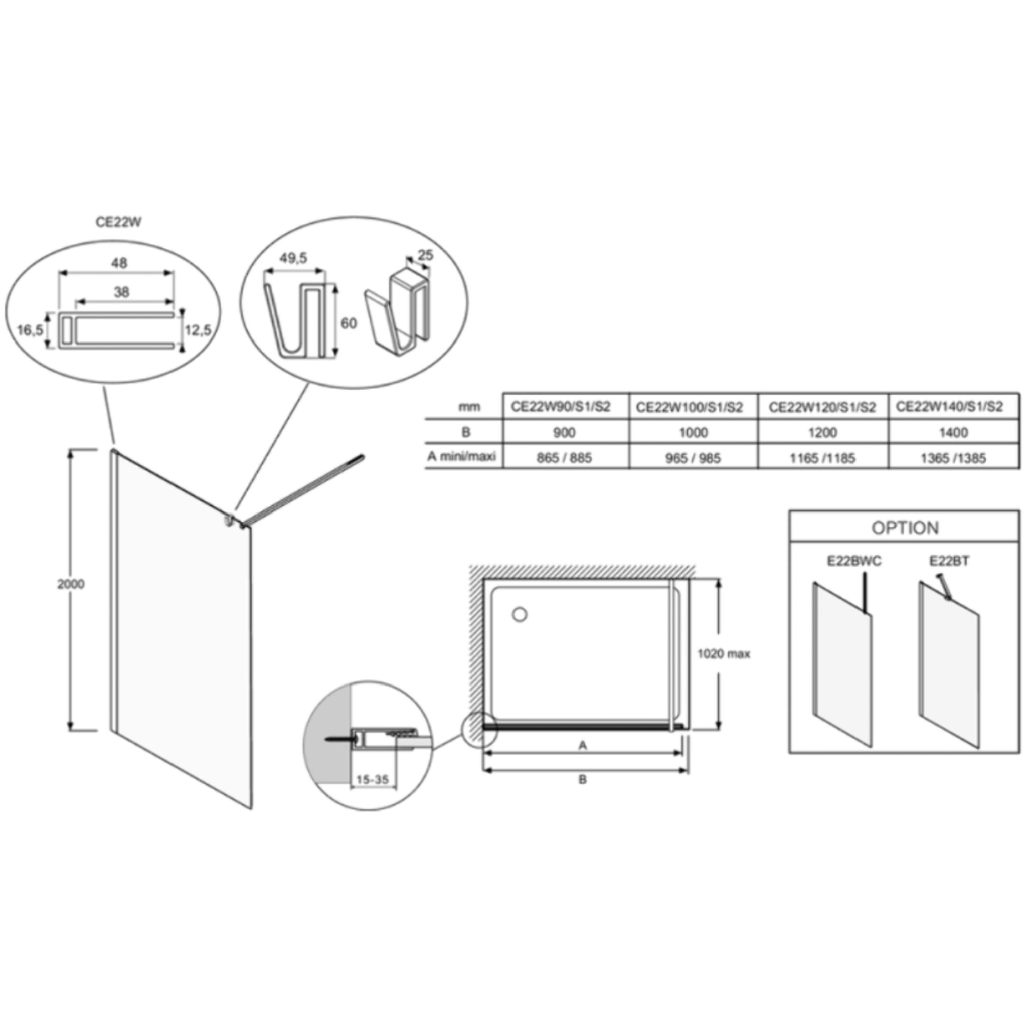 Paroi de douche Contra textile 120cm + kit profilé Noir mat