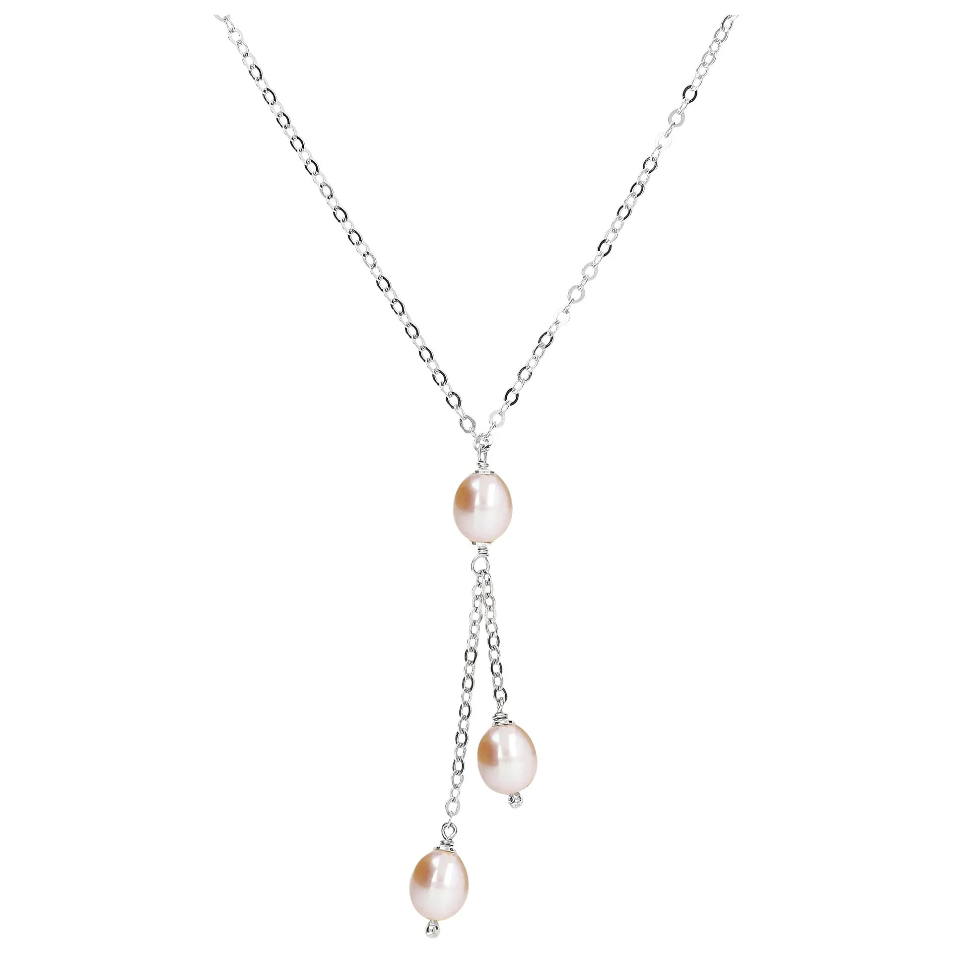 PERLAVIVA - Collana a Cravatta Multifilo Catena Rolo in Argento 925 placcato Rodio con Perle d'Acqua Dolce Grigie Ø 7/8 mm