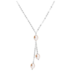 PERLAVIVA - Collana a Cravatta Multifilo Catena Rolo in Argento 925 placcato Rodio con Perle d'Acqua Dolce Grigie Ø 7/8 mm
