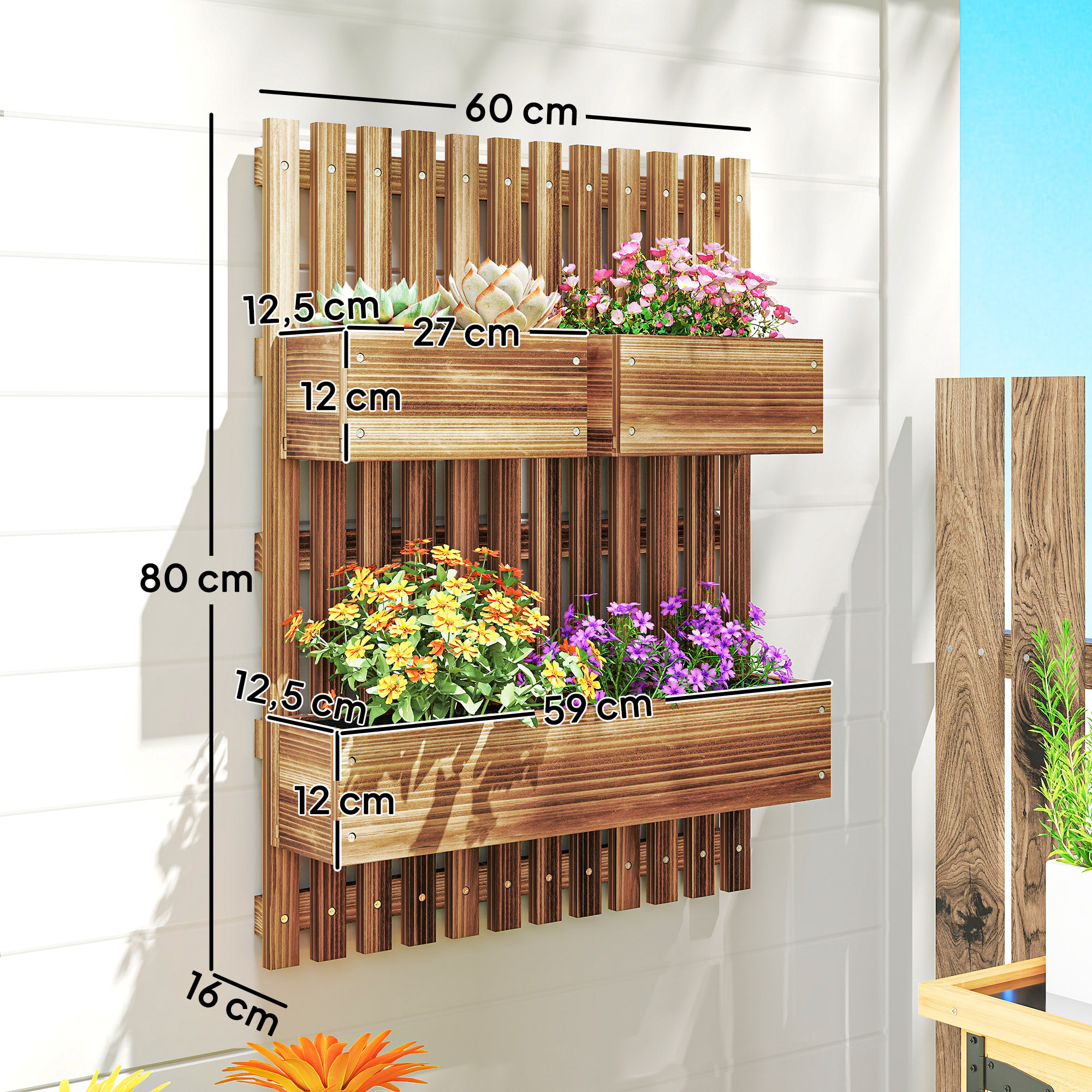 Jardinera de Pared con Enrejado, Jardinera Exterior Grande de Madera con 3 Macetas Móviles y Orificio de Drenaje, para Exterior, Jardín, Terraza, Patio, 60x16x80 cm, Carbonizado