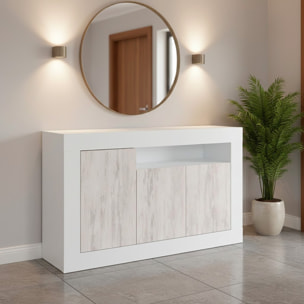 Credenza Moderna Madia A Terra Con 3 Ante Vano A Giorno E Ripiani Interni Mobile Contenitore Antigraffio 144x42x87 Cm Bianco Anticato e Bianco