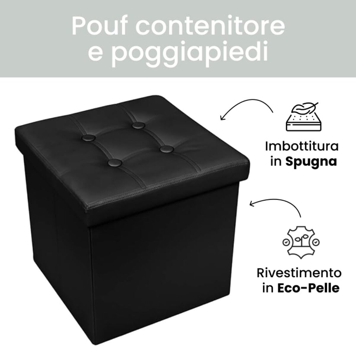 Pouf Contenitore, Puffo per Sedersi, Pouf Poggiapiedi, in Ecopelle, Quadrato,Imbottito, Versatile, Facile da Pulire