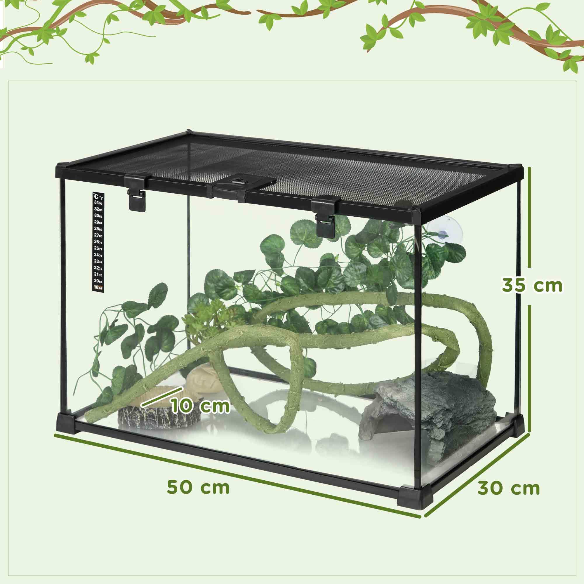 Terrarium verre transparent - couvercle treillis métallique coulissant verrouillable, trappe, distributeur eau, thermomètre - noir