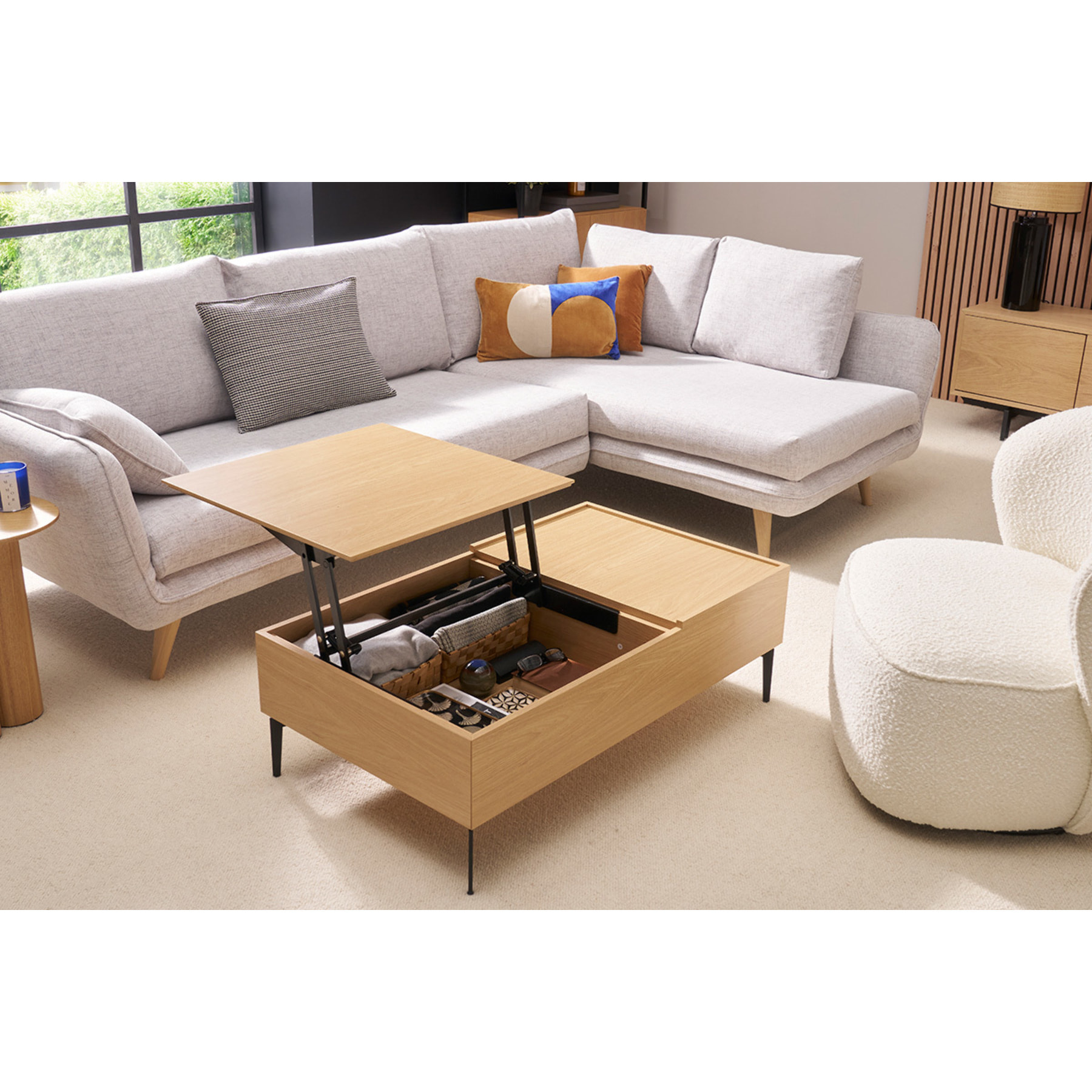 Table basse relevable rectangulaire bois foncé finition noyer et métal noir L103 cm SEDA