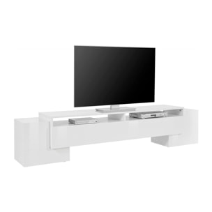 Mobile da soggiorno Porta TV, Made in Italy, Supporto per TV da salotto a 3 ante e ripiani, cm 210x45h45, colore Bianco lucido