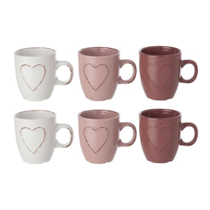 J-Line 3 boîtes de 2 tasses cœur - grès - blanc/rose clair