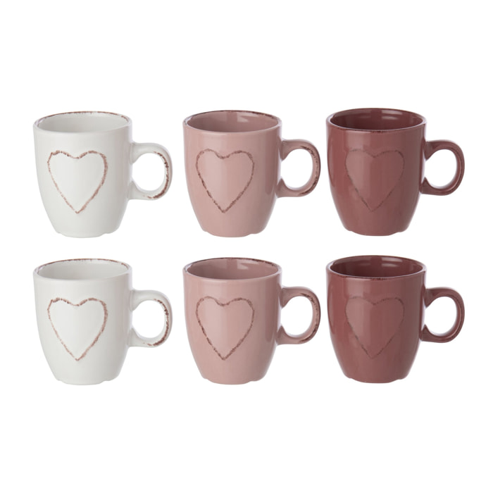 J-Line 3 boîtes de 2 tasses cœur - grès - blanc/rose clair