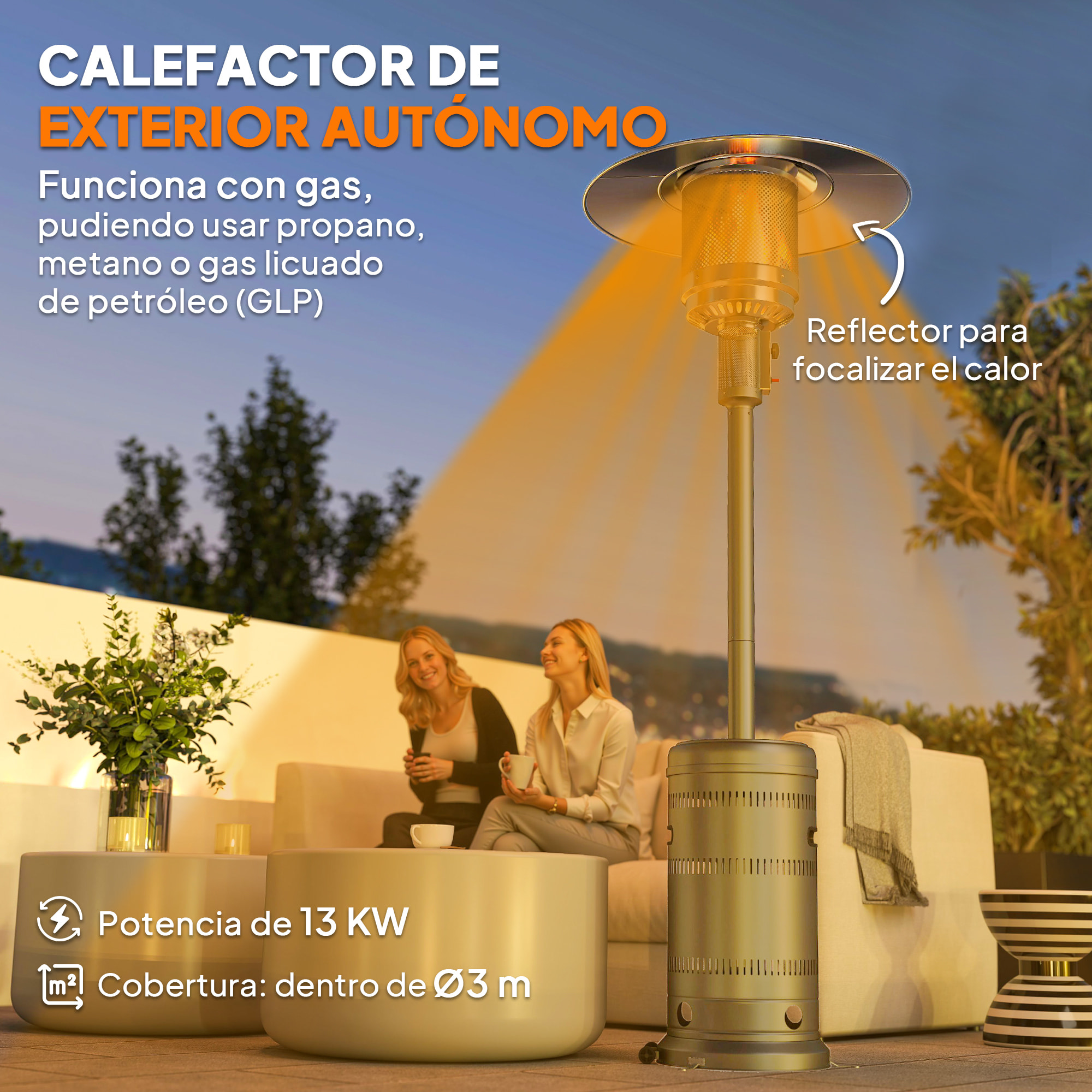 Estufa de Gas Butano, 13 KW, Calefactor de Exterior a Gas Portátil con Temperatura Ajustable, Protección contra Vuelcos, Encendido Piezoeléctrico y Ruedas, Apta para Butano y Propano, Gris