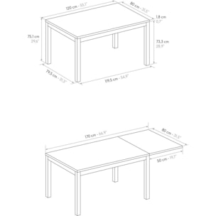 Tavolo TROPEA in legno, finitura bianco frassinato e base in metallo verniciato antracite, allungabile 120x80 cm - 170x80 cm