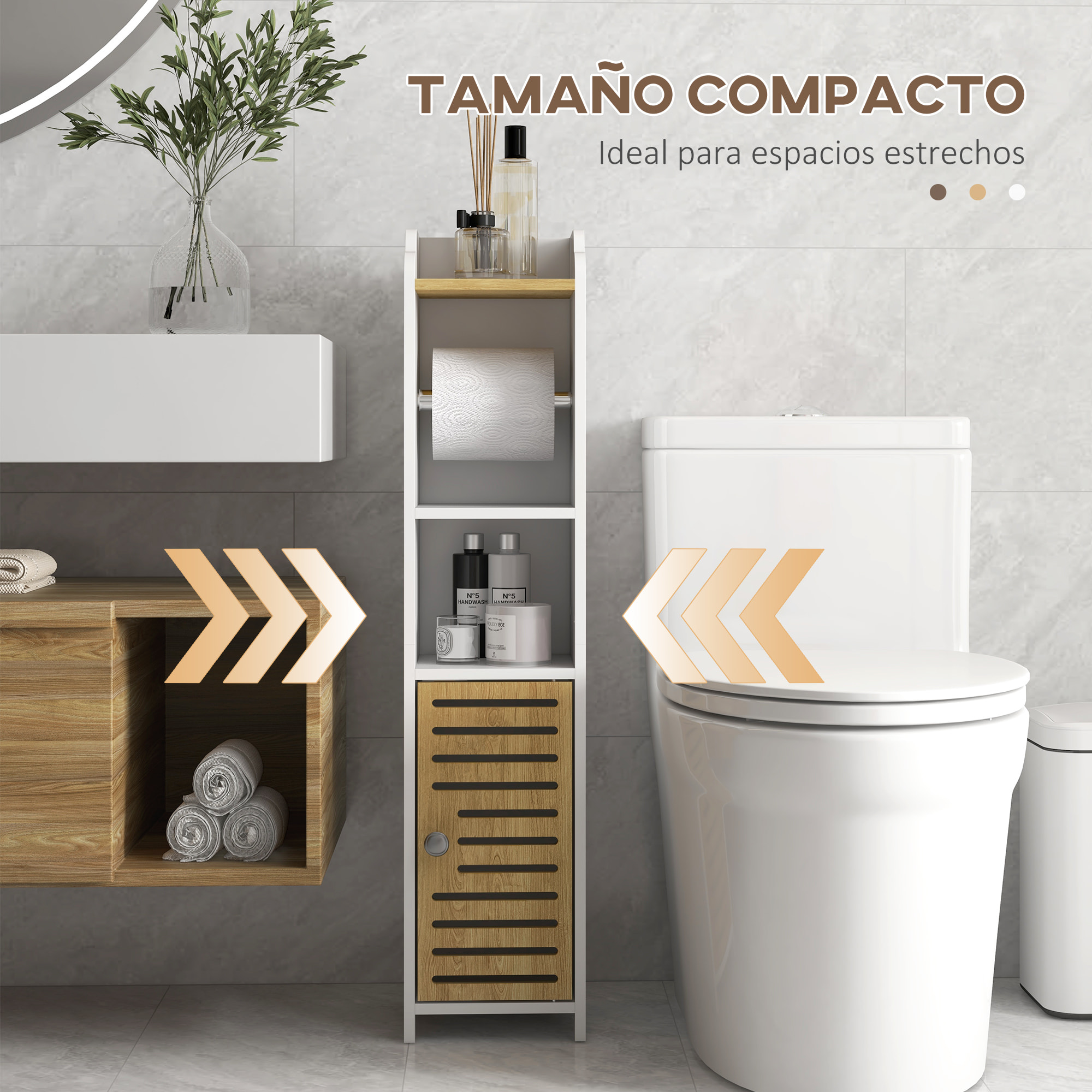 Armario de Baño Moderno Columna Auxiliar de Baño Mueble de Suelo de Baño con Estantes 1 Puerta y Portarrollos de Papel para Dormitorio Sala 18x20x90 cm Blanco y Roble