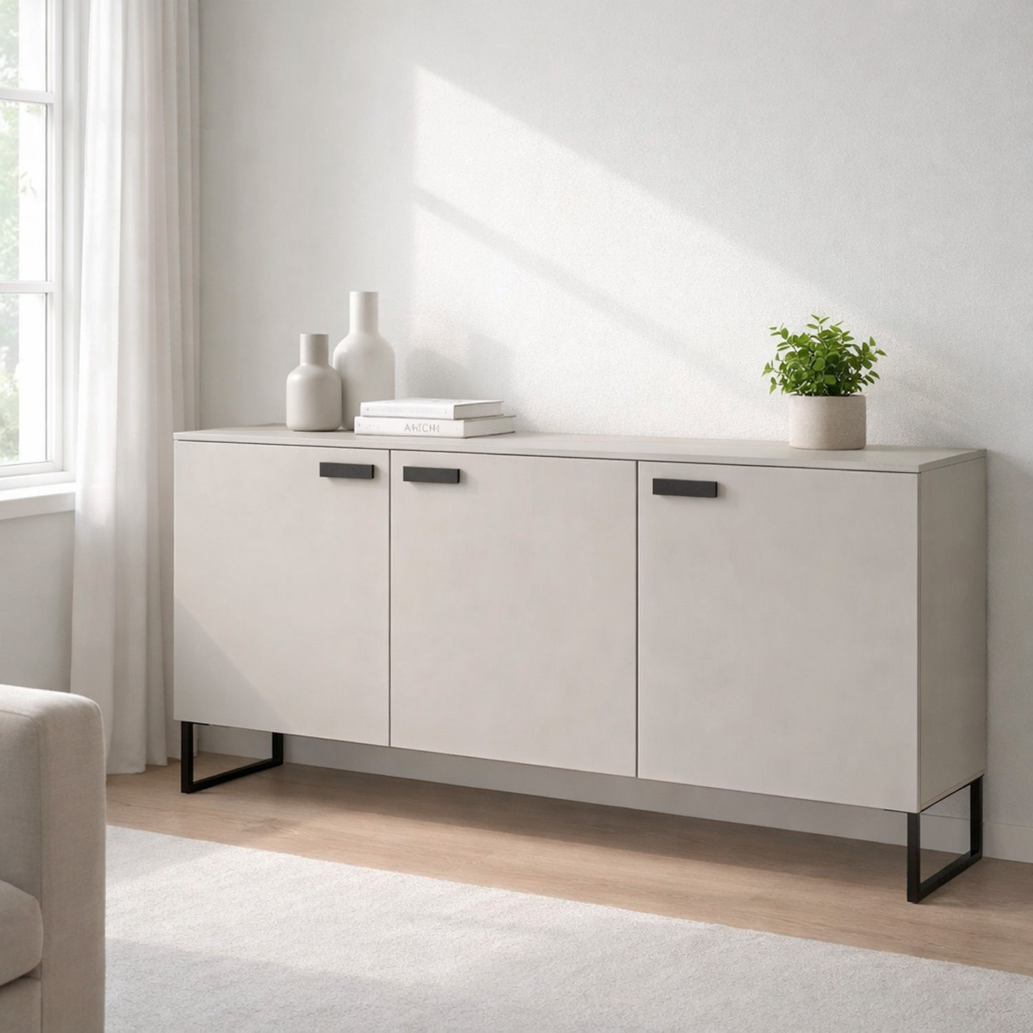 Madia con 3 Ante E Ripiani Interni Mobile Soggiorno Moderno In Melaminico Con Maniglie E Piedini Neri Per Sala da Pranzo 184 x 86 x 40 Cm Cashmere