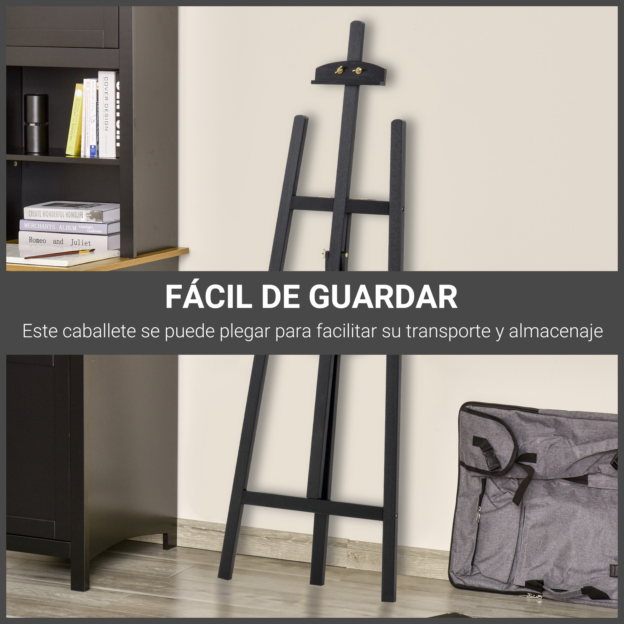 Caballete de Pintura de Madera Caballete de Dibujo con ángulo Ajustable de 75° Soporte Trípode y Pincel para Lienzos 51,5x71,5x134,5 cm Negro