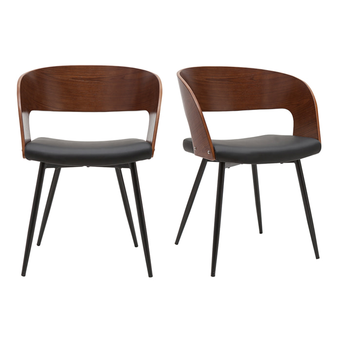 Chaises design bois foncé noyer, assises et métal noirs (lot de 2) RIFF