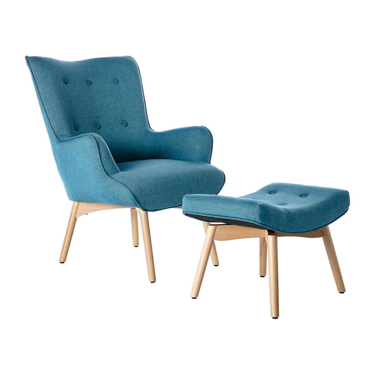 Fauteuil avec repose-pieds scandinave en tissu bleu canard et bois clair BRISTOL