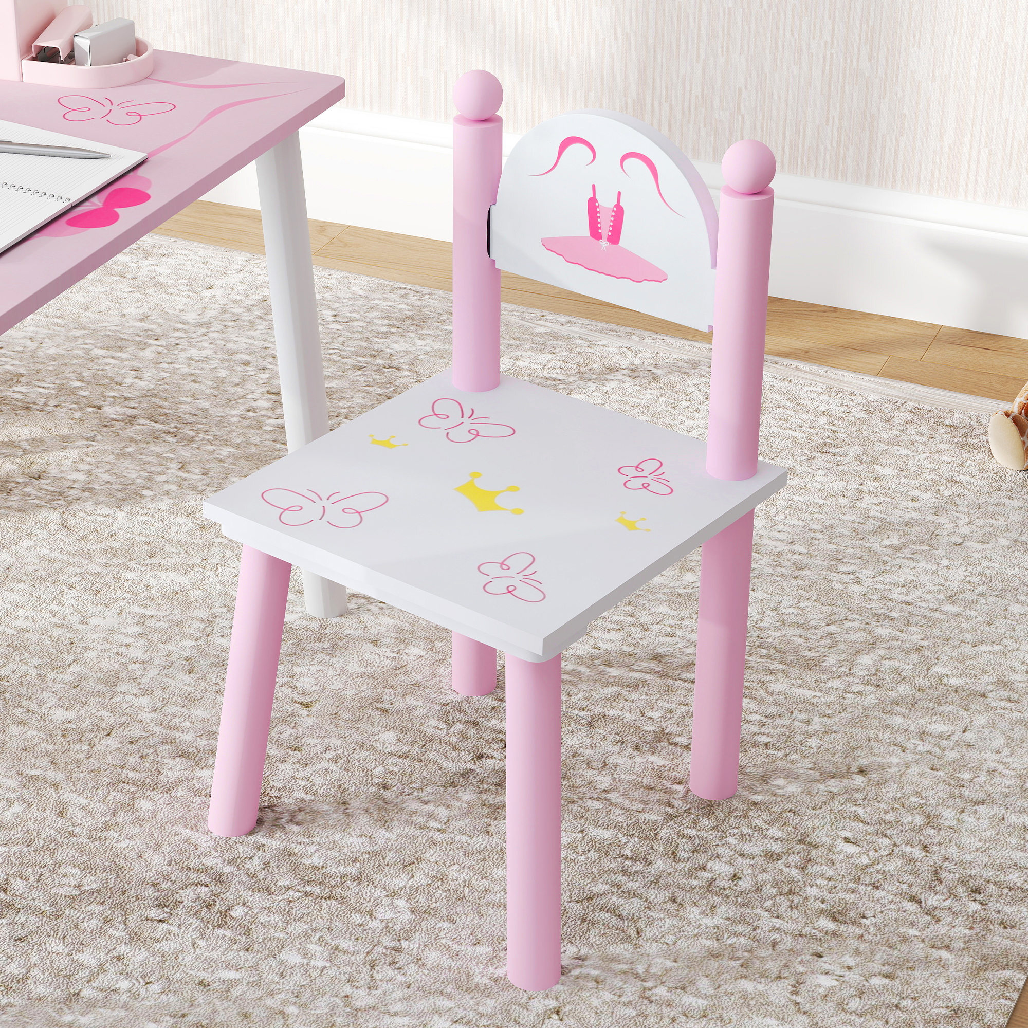 Mesa y Sillas Infantiles para Niños de 2-5 Años Mesa Infantil con Sillas de 3 Piezas Estilo Princesa para Sala de Juegos Dormitorio Guardería Rosa y Blanco