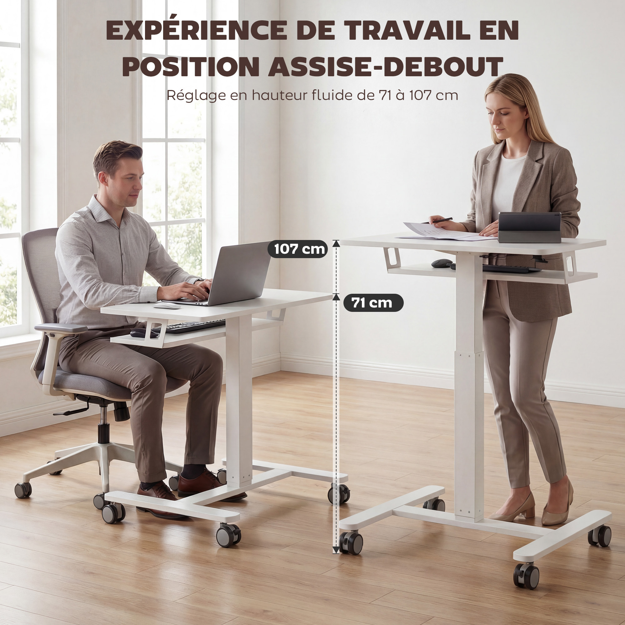 Bureau assis-debout mobile réglable table de lit 2 en 1 acier MDF blanc