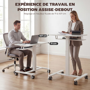 Bureau assis-debout mobile réglable table de lit 2 en 1 acier MDF blanc