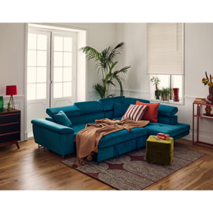 Dimas - canapé d'angle droit 5 places - convertible avec coffre et têtières réglables - en velours - Bleu