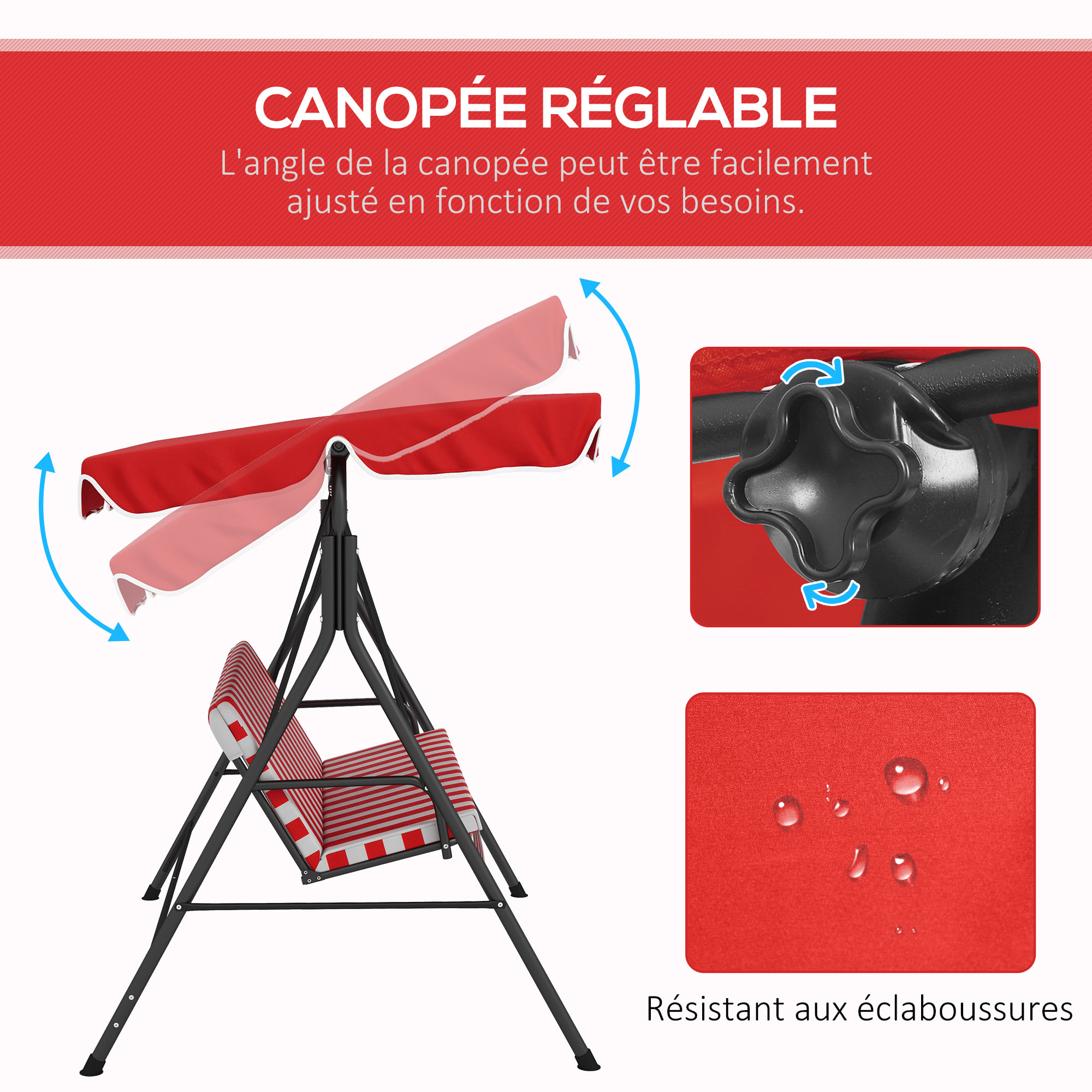 Balancelle de jardin 3 places toit inclinaison réglable coussins assise et dossier 1,72L x 1,1l x 1,52H m acier noir polyester rouge et blanc