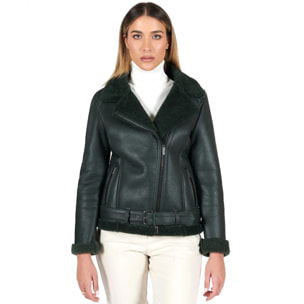 Montone shearling verde con cintura e cerniera trasversale