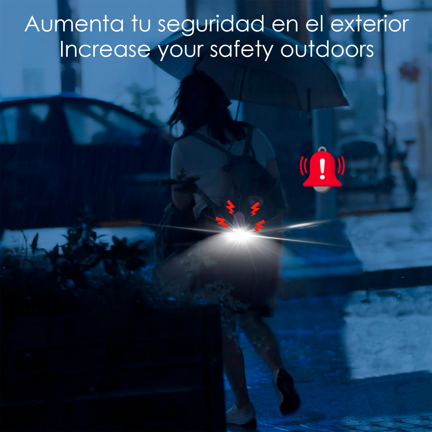 Allarme SOS personale con luce LED brillante da 40lm e suono da 130dB. Batteria ricaricabile e attivazione rapida tirando l'anello.