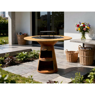 Barbecue rond avec plaque de cuisson et de gril en acier et planche en bois