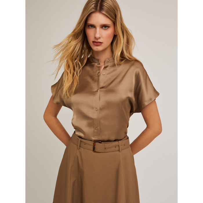 Motivi - Blusa bimateria con cuello mao - Marrón