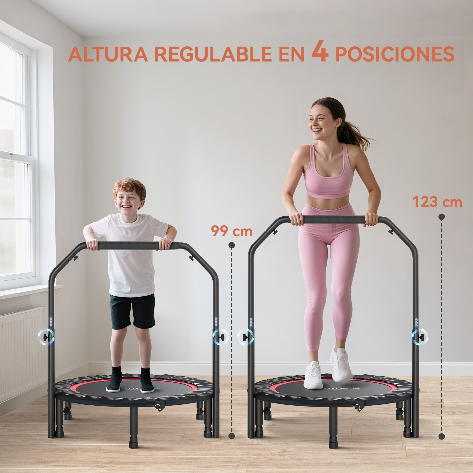 Trampolín de Fitness Adultos Ø102 cm, Cama Elástica Plegable con Mango Ajustable de 4 Niveles y Bandas, para Entrenamiento Piernas Cuerpo en Hogar Oficina Gimnasio Exterior, Carga 150 kg Rojo