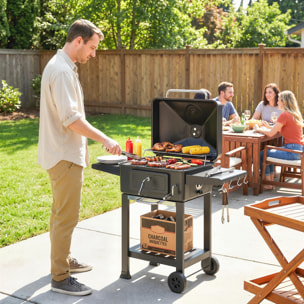 Barbecue smocker à charbon avec couvercle 2 grilles 3 étagères thermomètre