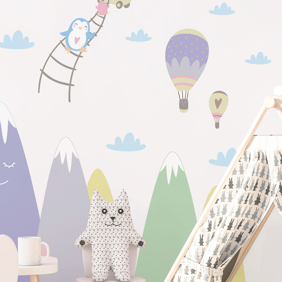 Stickers muraux enfants - Décoration chambre bébé - Autocollant Sticker mural géant enfant montagnes scandinaves ANIMAUX MALICIEUX