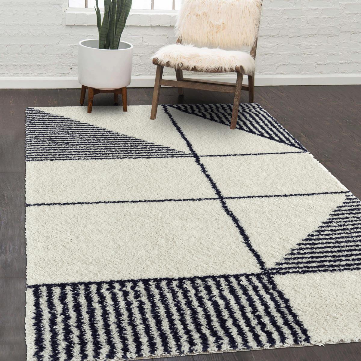Tapis longs poils shaggy tissé motif géométrique HOBA