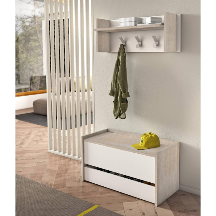 Mobile da ingresso Dap, Entratina moderna con appendiabiti, Mobile con scarpiera, Armadietto multifunzione, Cm 50x32h182, Rovere e Bianco